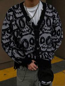 男士休闲宽松V领骷髅印花开衫，长袖，街头风，适合秋冬季穿着 - 灰色 - 查看 1