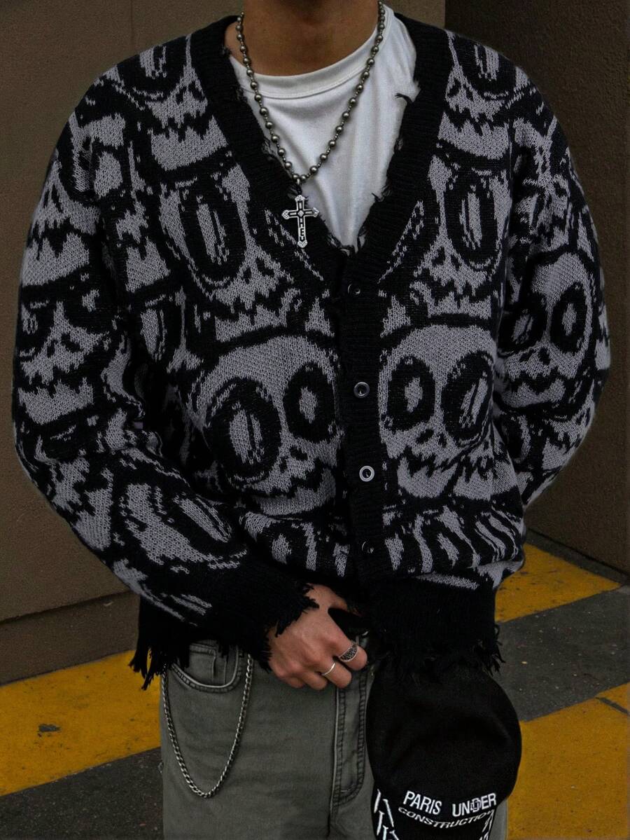 男士休闲宽松V领骷髅印花开衫，长袖，街头风，适合秋冬季穿着 - 灰色 - 查看 1