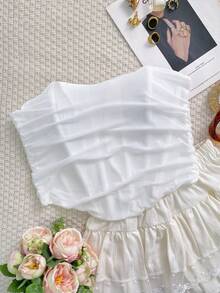 Sexy Elegant Solid Corset Tube Tops Semi-Sheer Strappless Tie Back Asymmetrical Structure Boned Shapewear Tops Halloween Christmas Costumes Fall Clothes Women - White - View 8
