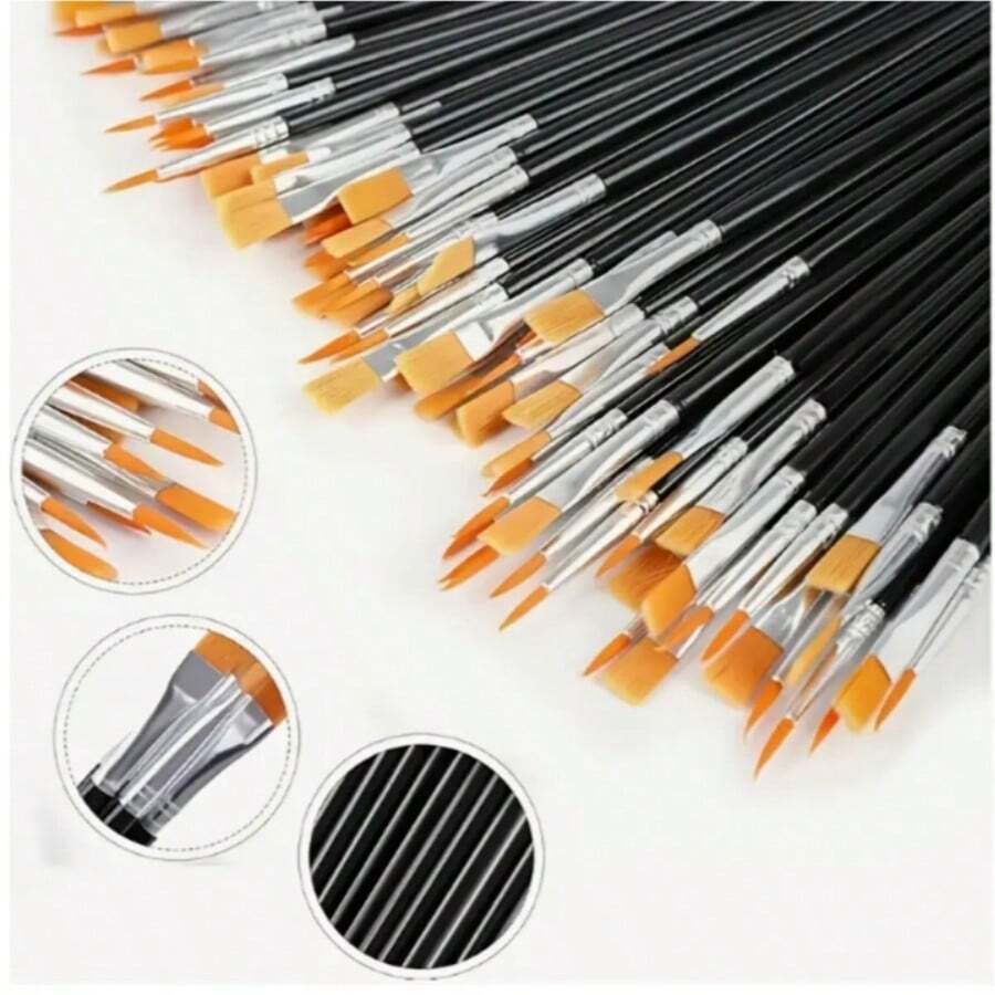 70pcs Professional Artist Paintbrush Set - Black Nylon Bristles, With Flat Heads And Pointed Heads, Suitable For Acrylic, Oil, Watercolor, Portrait And Rock Painting. Multi-Surface Art Tools, Suitable For Canvas, Body Art And Handicrafts - For Professional Artistic Use