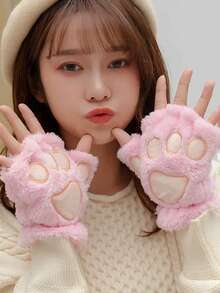 1 Pair Cute Cat Paw Fingerless Gloves, Warm Gloves Suitable For Daily Wear And Gatherings, Autumn/Winter+Winter Gear+Gloves Bear+Christmas Summer - Mittens - View 1