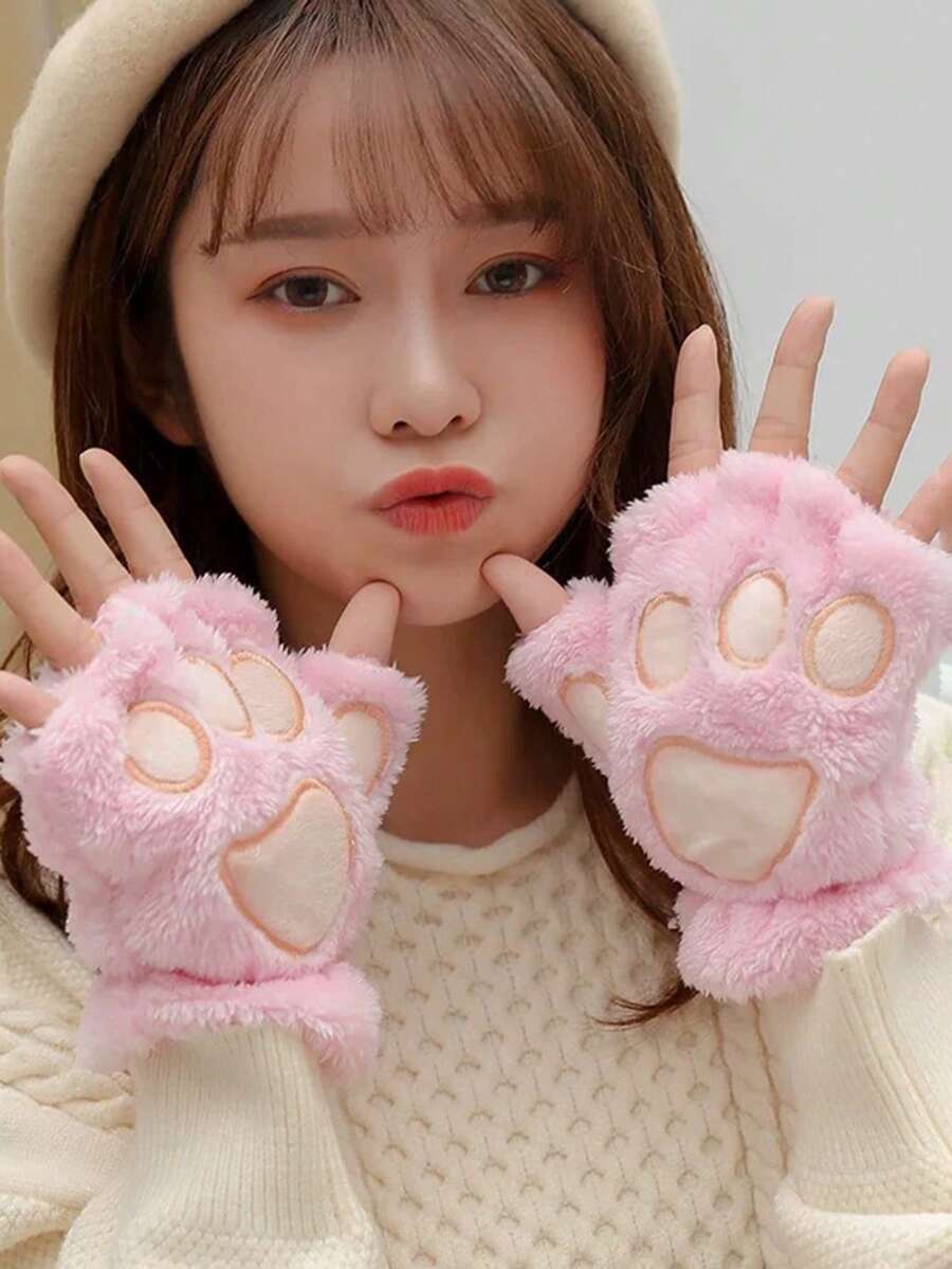 1 Pair Cute Cat Paw Fingerless Gloves, Warm Gloves Suitable For Daily Wear And Gatherings, Autumn/Winter+Winter Gear+Gloves Bear+Christmas Summer - Mittens - View 1