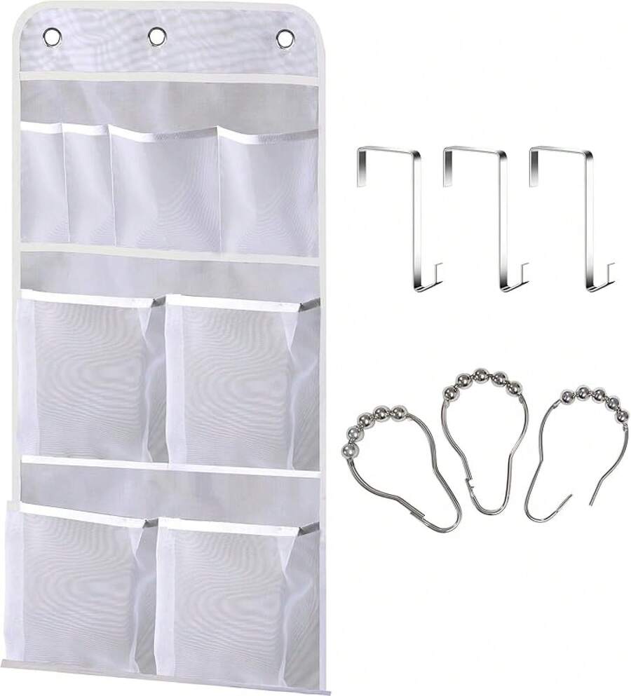 Mesh Shower Caddy Hanging For Cruise RV Camper Bathroom, Different Pockets Mesh Shower Organizer Travel With Over Door Hooks And Shower Curtain Hooks - 白色 - 查看 1