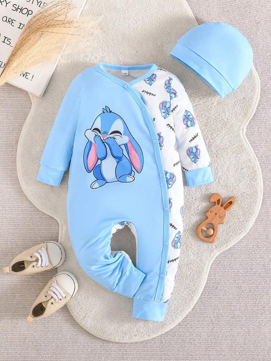 Tutina neonato a maniche lunghe con motivo a coniglietto carino, design patchwork, facile da indossare, con cappellino - Blu - Visualizzare 1