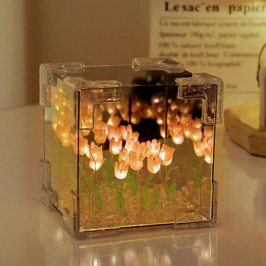 DIY Lámpara de Noche Creativa Cubo Tulipán - 12x12cm, Lámpara Tulipán con Espejo, Decoración Romántica de Mesa, Decoración de Boda, Salón, Dormitorio, Regalo para Novia, Familia, Fiesta de Amigos