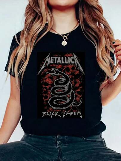 100% Cotton Metallica Black Album Snake Design On Shirt Round Neck Short Sleeve T-Shirt Women's Men's Graphic Tee