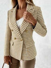 Áo khoác blazer dáng rộng tay dài họa tiết răng sói cài hai hàng khuy thời trang thanh lịch kiểu Pháp dành cho nữ vào mùa thu đông - Màu Khaki - Xem 10