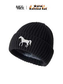 1 pieza Gorro de punto con bordado de caballo blanco para hombres, gorro unisex con forro polar cálido de estilo Y2K, gorra resistente al viento, regalo ideal para amigos y familiares, otoño/invierno