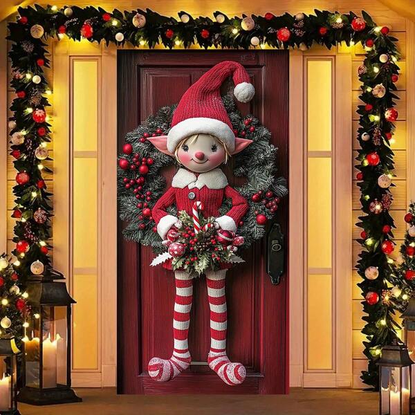 1 pièce Couronne de porte de Noël moderne en polyester, bannière festive 2D de 90 x 180 cm, décoration de fête d'intérieur et d'extérieur, sans électricité, sans plumes