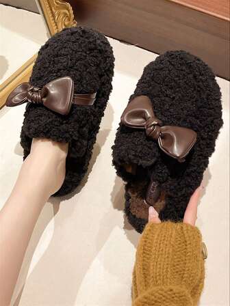 2025 Women's New Thick Sole Fluffy Slide Slippers, Closed Toe Slip-On Sandals With Bowknot, Elevated Platform, Suitable For Spring, Autumn, Winter, Indoor/Office Wear