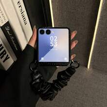 Funda de teléfono negra con textura de cocodrilo y correa de cuero plisada, compatible con Samsung Galaxy ZFlip7, Z Flip6, ZFlip 5 - Negro - Ver 5