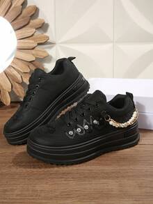 2025厚底女鞋，2025春秋新款厚底百搭厚底运动鞋，水钻钩环高跟坡跟休闲运动鞋 - 黑色 - 查看 7