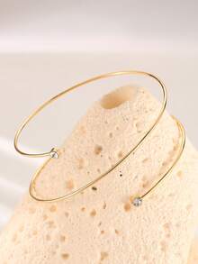 1 pieza Brazalete abierto de metal con incrustaciones de rhinestone de línea minimalista y multicapa, de moda y versátil - Amarillo Oro - Ver 4