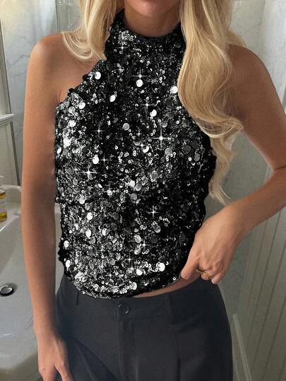 Women's Sexy Shoulder-Revealing Sequin Blouse, Suitable For Weddings, Galas, Back-To-School, Music Festivals, Mother's Day Parties, Beach Vacations