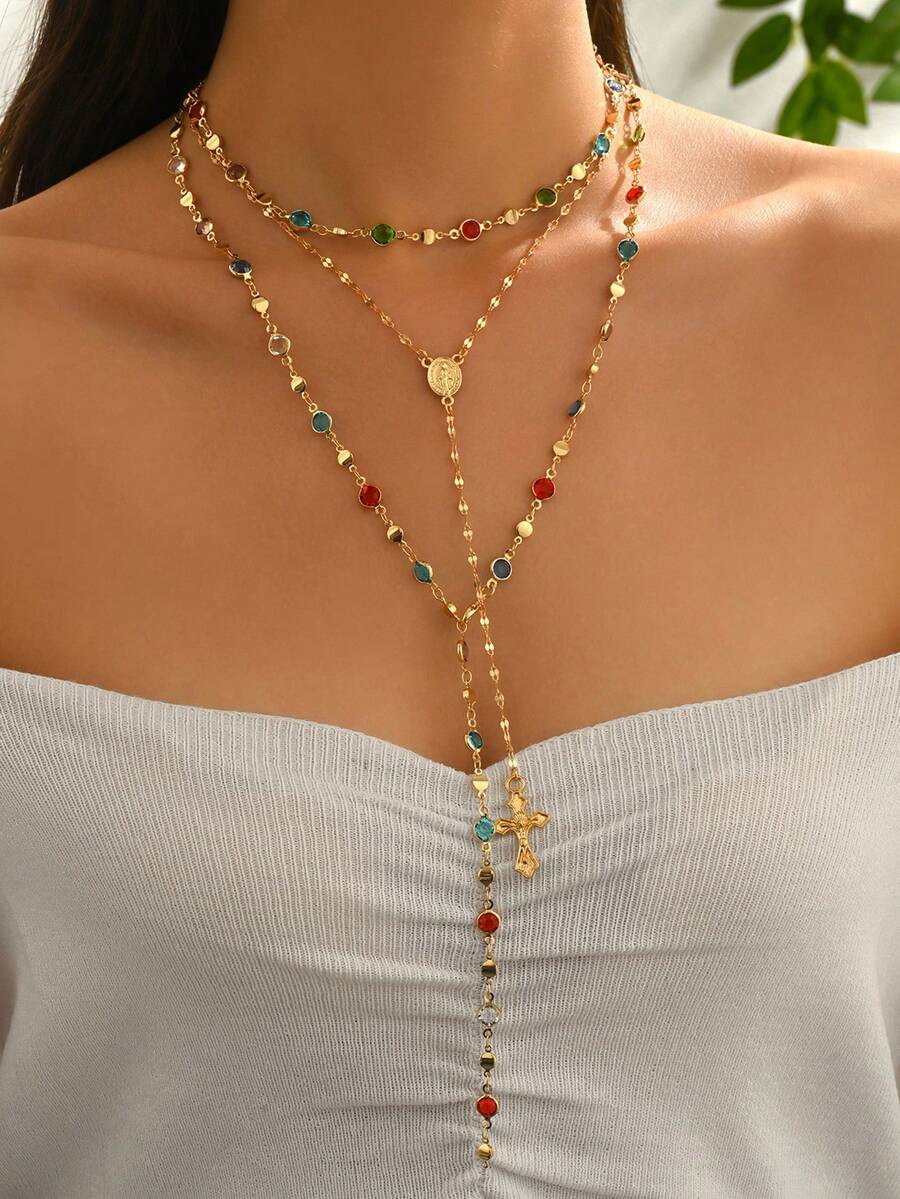 3 件/套复古金色金属耶稣十字架 Y 形长项链，波西米亚风彩色水晶吊坠项链套装，适合女性日常和节日佩戴，送给朋友的礼物（手工制作，长度可调，玻璃水晶颜色和珠子数量随机） - 3件套 - 查看 1