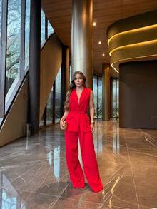 Tailored Set Of Vest And Pants With Wonderful Belt - Red - View 2