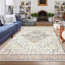 5x7 Washable Boho Neutral Vintage Rustic Earth Tone Area Rug With Rust Terracotta Pattern For Living Room, Dining Room, Bedroom - Light Tan Brown Beige, Modern Farmhouse Style - Orange Blue - View 8