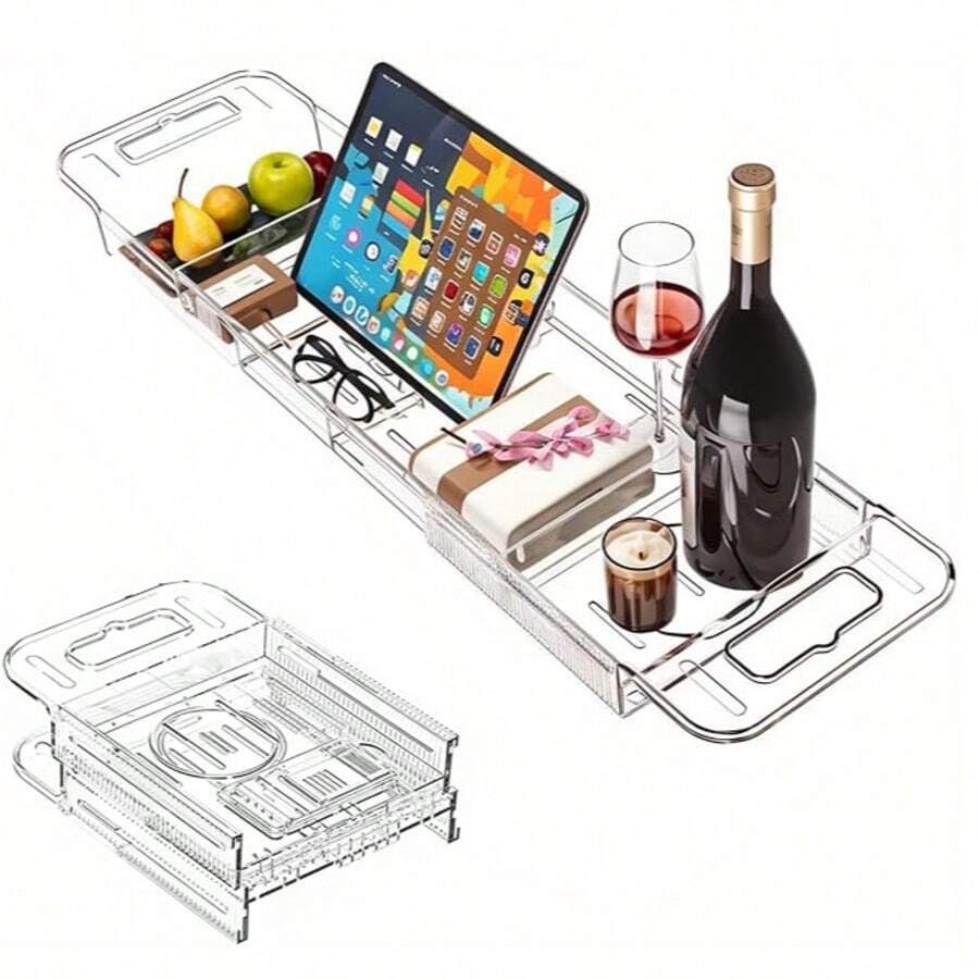 Extendable Bathtub Tray, Bath Table, Bathroom Storage Tray (56.5-80.5cm), With Stand, Non-Slip, Transparent, Heavy-Duty, For Tablets, Smartphones, And Wine Glasses (Width: 20cm (Foldable)) - trong suốt - Xem 1