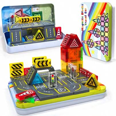 Magnetic Building Blocks Set With Metal Box, STEM Sensory Toy Educational Bricks, Simulate Road Driving, Perfect Birthday Gift, Random Color, Christmas & Halloween Gift, Suitable For Boys & Girls 3+ Years Old