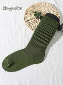1 Pair Women's Korean Style Spring/Summer Cute Pile Socks, College Style Lolita All-Match/Plain Sport Socks, Solid Color Knee-High Socks (Without Sock Board), Fall Socks - xanh quân đội - Xem 4