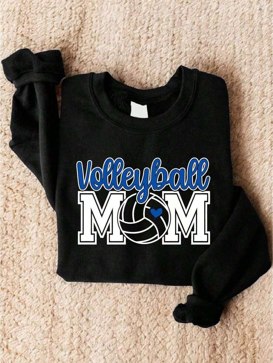 Volleyball Mom Sweatshirt, Proud Sport Mama Sweater, Volleyball Mom Of Player Crewneck, Game Day Sweatshirt For Sports Mom FZ-1090 SW-Unisex Vintage Cotton Tee Black White - Loose Fit For American Music Festival Camping & Shows Casual Crew Neck Sweatshirt Everyday Wear Oversized Crew Neck Sweatshirt With Slogan Graphic - 黑色 - 查看 1