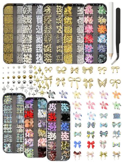 8 scatole di decorazioni per unghie, decorazioni e gemme per unghie, fiori e petali di Bow Hawaii 3D, perle e strass per unghie, perle piatte dorate per fai da te