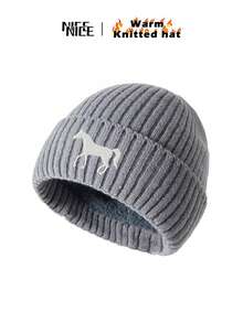 1 pieza Gorro de punto con bordado de caballo blanco para hombres, gorro unisex con forro polar cálido de estilo Y2K, gorra resistente al viento, regalo ideal para amigos y familiares, otoño/invierno