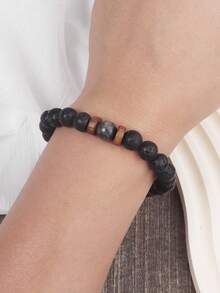 Pulseira de pedra vulcânica para homens, contas de madeira de lava, pulseira de relaxamento, joias para mulheres e homens, presente, pulseiras de energia, joias de meditação - Preto - Ver 2