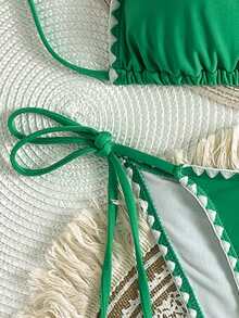 Women's Sexy High Stretch Halter Backless Green Bikini Set With Tassels And Tie Side Bottom For Summer - Green - View 3