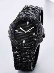 1pc Fashion Luxury Full Diamond Men's Steel Belt Business Calendar Men's Quartz Watch, Suitable For Business, Parties, And Daily Wear, The Best Gift For Men. - 黑色 - 查看 2