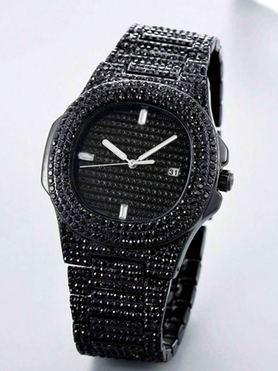 1pc Fashionable Luxury Full Diamond Men's Steel Band Business Calendar Quartz Watch, Suitable For Business, Parties And Daily Wear, Best Gift For Men - Black - View 1