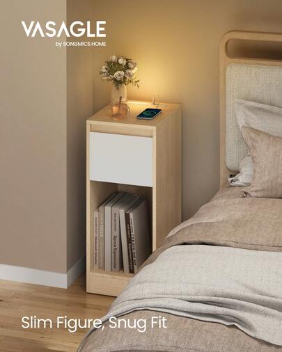 VASAGLE Slim Bedside Table With Charging Station And LED Light, Narrow Side End Table, USB Ports, Drawer And Open Compartment, For Bedroom, Living Room, Oak Beige And Cloud White