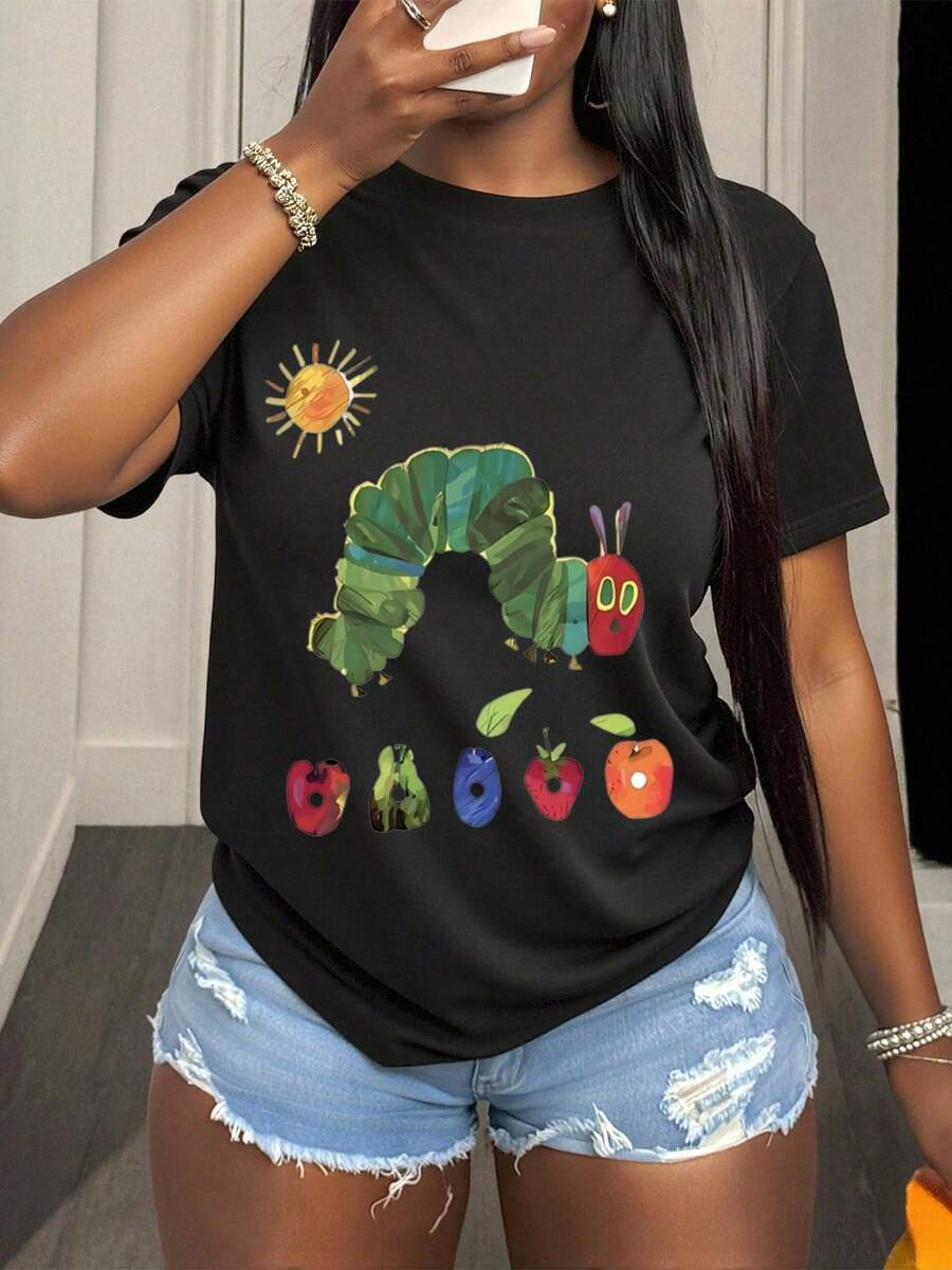 The Very Hungry Caterpillar Kids Storybook Character Graphic Shirts For Women Featuring Sun And Fruit Design Perfect For Casual Wear And Book Lovers, 220g - 黑色 - 查看 1