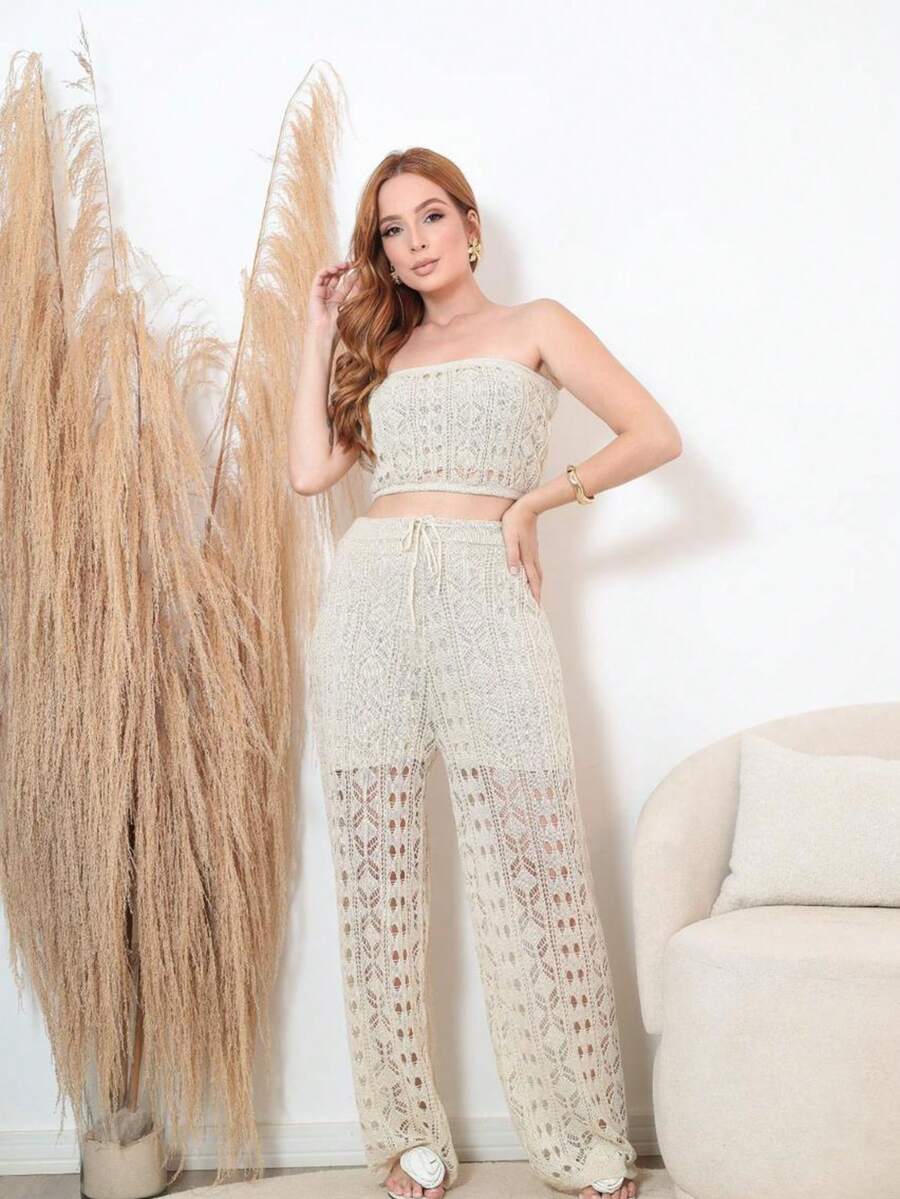 Lace Set Elegant Beach Cover-Up Pants + Shorts + Premium Knit Top Casual Summer - Cát - Xem 1