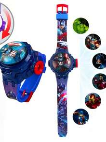 Marvel Rotating Flip Cover Watch, Cartoon Projection Luminous Electronic Watch For Teenagers, Spider-Man, Superhero Cartoon, Soft Silicone Strap Teenage Electronic Watch. Teenage Gift. Exquisite Blister Card Packaging.