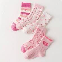 5 Pairs Girls' Pink Heart Princess Style Mid-Calf Socks, Suitable For Ages 1-2, 2-3, 3-8, 8-12 Years Old, Spring/Autumn - Multicolor - View 10