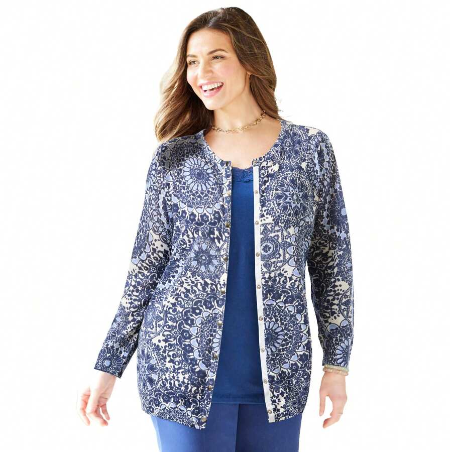 Catherines Women's Plus Size The Timeless Cardigan - 海軍勳章 - 查看 1