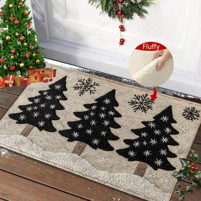 Christmas Tree Pattern Bathroom Mat, Non-Slip Super Fiber Faux Wool, Machine Washable, Quick Drying Absorbent Plush Rug, Low Pile Knitted Polyester With TPR Backing, Holiday Bathroom Decor Kitchen Rug
