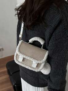 迷你简约扣毛绒边女式毛绒斜挎包，秋冬新款时尚优雅可爱柔软仿麂皮托特包，大容量单肩包，可调节肩带，休闲户外和日常使用礼物，新款女式皮草包 - 米色 - 查看 6