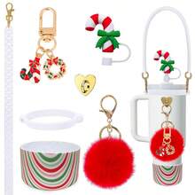 Novas capas de silicone para copos de Natal - Conjunto de copos de água com alça, corrente de corda, tampa de canudo de doces, conjunto de decorações de gengibre - Decorações de Natal, presentes de Natal