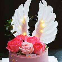 زينة كعكة عيد الميلاد بأجنحة ملاك من الريش، أبيض وزهري وأسود، ديكورات لحفلات عيد الميلاد والزفاف والهالوين والأعياد والذكرى السنوية