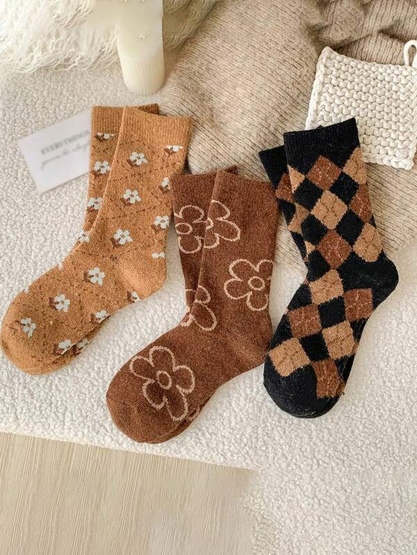 3 Paar Polyester Vintage Argyle Socken, retro ästhetische dicke Kniestrümpfe für Frauen, Herbst/Winter
