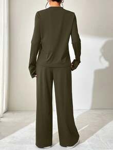 2件套女士长袖圆领T恤上衣和宽松舒适休闲裤 - 墨綠色 - 查看 4