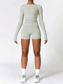 Women's Solid Color Long-Sleeve & Short-Pant Sports Casual Set - Slim Fit, Breathable & Skin-Friendly, Shape-Sculpting Fabric, Ideal For Fitness & Daily Wear - 灰色 - 查看 12