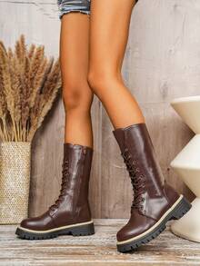 Bottes de cavalière vintage  à lacets pour femmes, bottes de motard confortables et polyvalentes avec semelle épaisse pour l'automne/l'hiver - Rouge - Voir 3