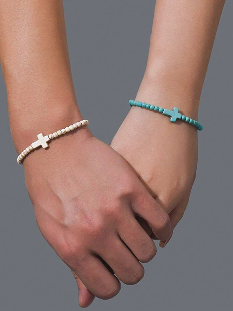 可调节 2 件套友谊手链套装，男女通用波西米亚风手链，带十字架和绿松石珠，是送给好朋友的有意义的情侣礼物 - 彩色 - 查看 1