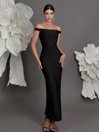 露肩绷带针织修身连衣裙，欧美奢华新款，修身，适合家庭聚会、派对、宴会、晚礼服