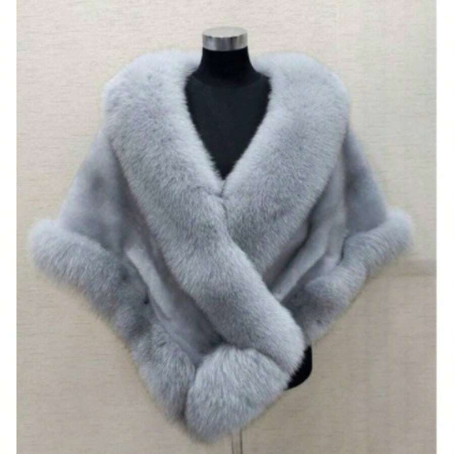 Women's Faux Fur Cape Shawl Wrap - V-Neck Oversized Plush Fleece Coat, Luxurious Grey/Black/White/Beige/Brown Winter Coat For Weddings, Parties & Evening Events, Machine Washable Elegant Cover-Up Halloween Costumes For Women Scarf - 灰色 - 查看 1