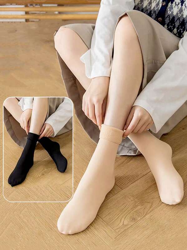 3/5 Pares de Meias para Botas de Neve, Meias Unissex Até a Panturrilha para Outono/Inverno, Preto, Cor da Pele, Cor da Pele Escura, Forradas Termicamente, Grossas, Pretas, Cor da Pele, Longas e Quentes para Mulheres