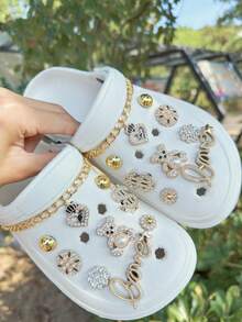 20pcs DIY Hollow Wooden Clogs Accessories, Gold Sequin Electroplated ABS Pearl, Bear, Crown, Pearl, Dollar Metal Chain Shoe Charms Decorations, Suitable For Mules, Slides, Garden Shoes, Beach Bags, Removable Ornaments, Holiday Gifts, All Season